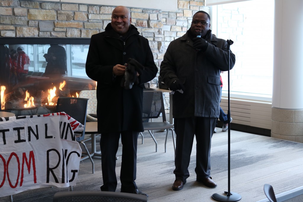 On Jan. 18, OMSS Director Matthew Chaney (left) and Assistant Director Michael Wade (right) concluded the annual MLK Freedom March at the University Center while participants partook in hot beverages.